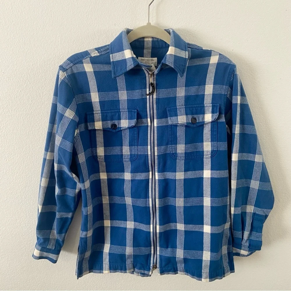 Vintage 90s Jones Sport blue plaid shacket jacket top small petite collared